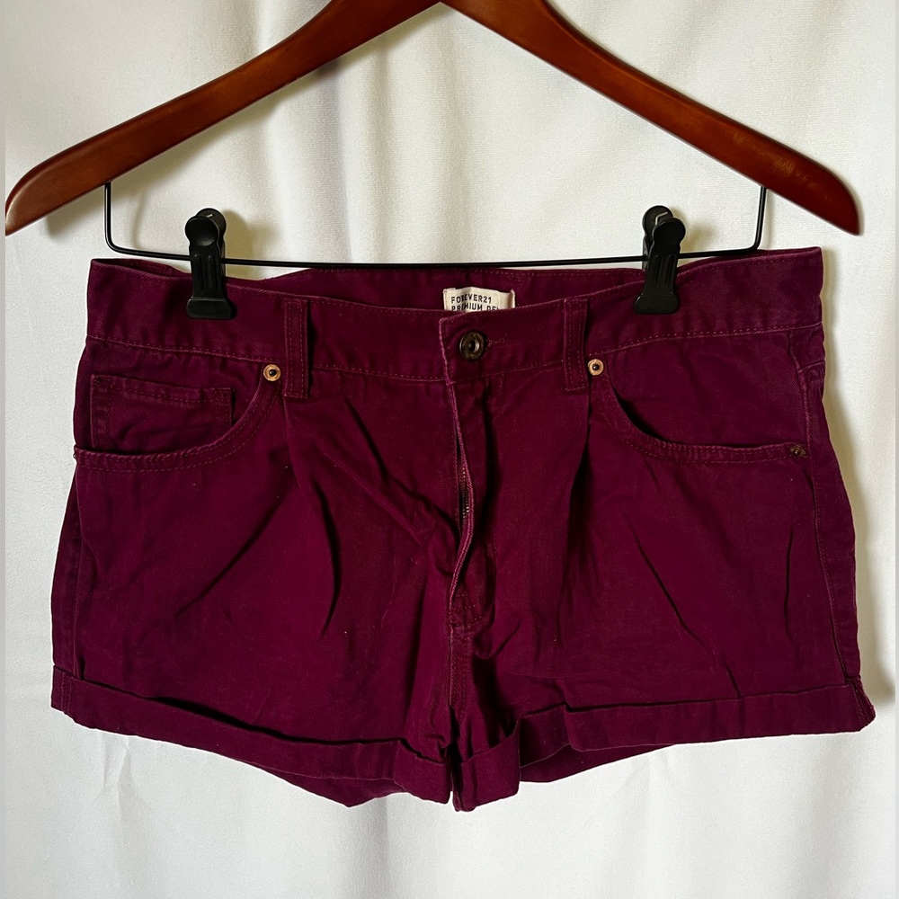 Forever 21 Burgundy Denim Shorts Cuffed Bottom Size 31